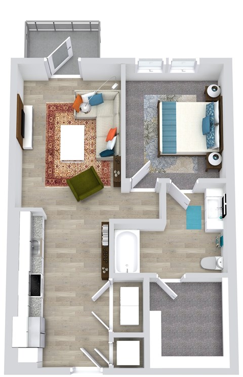 A top down view of a living room, kitchen, and bathroom.